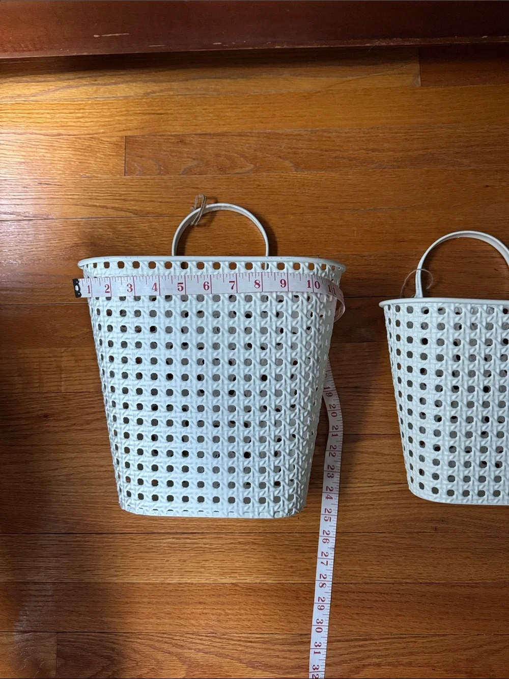 2 White Woven Metal Hanging baskets large and small for doors or wall!